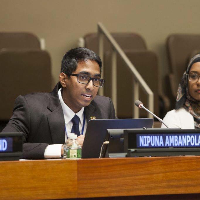 A photo of Nipuna Ambanpola speaking at the UNHQ in New York